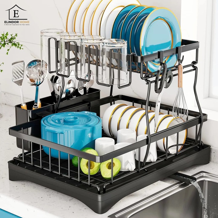 Scurgator Vase Etajat Elindor®, Suport Farfurii Chiuveta Incorporabil, Uscator Vesela, Tacamuri, Capace Oale, Tigai, Pahare, Tava din Plastic cu Scurgere Automata, Organizator Bucatarie Multifunctional, Inox, 49 × 30 × 34 cm, Negru