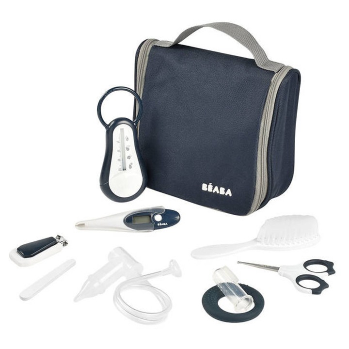 Set cosmetice Beaba cu 9 accesorii pentru ingrijirea nou-nascutilor, culoare albastru inchis, compact