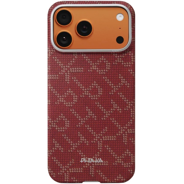 Husa de protectie Pitaka pentru iPhone 17 Pro Max Ultra-Slim, Monogram-Gold/Red