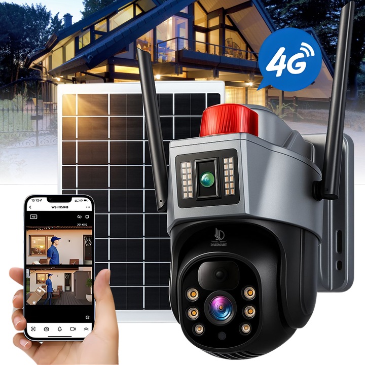 Camera supraveghere 4G, Daismart, 2K Ultra HD, dual lens, panou solar, detectare umana, urmarire automata, vedere nocturna color, audio bidirectional, alarma luminoasa si sonora, IP66, exterior, gri