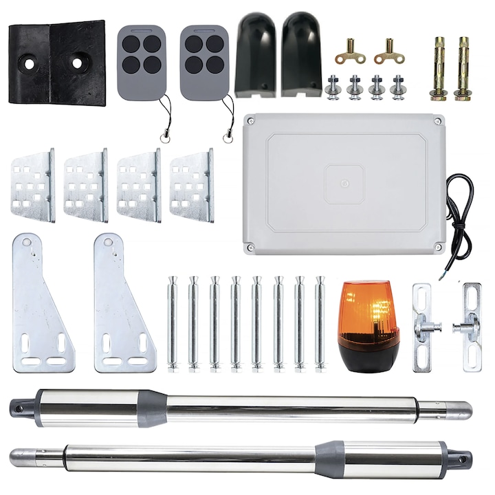 Kit automatizare porti batante PNI, cu 2 motoare 40 W, telecomenzi si panou de control, fotocelule si lampa, pana la 50 m, IP 55, lungime poarta 2 x 2.5 m, greutate poarta 200 kg, baterii incluse