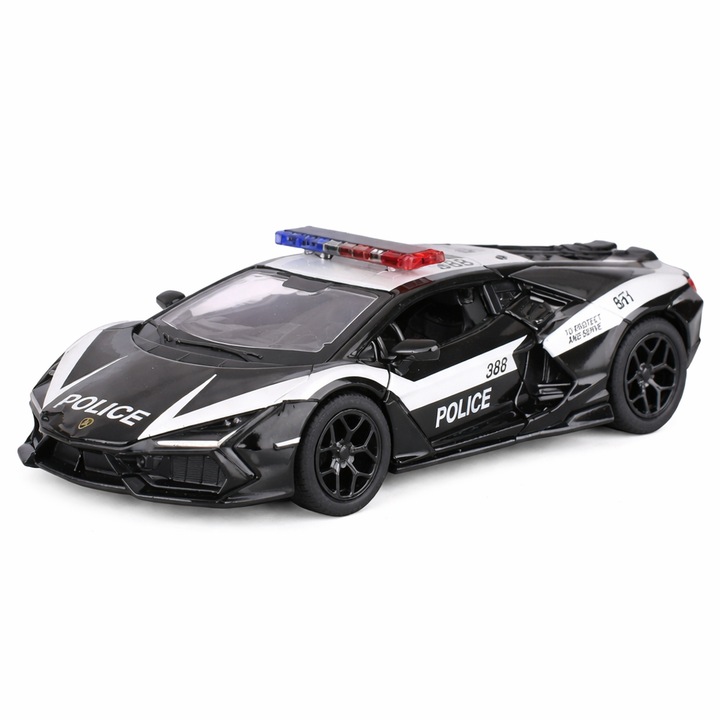 Macheta metalică Lamborghini Revuelto, mașină de poliție, scara 1:38, negru, mecanism pull-back, 13cm