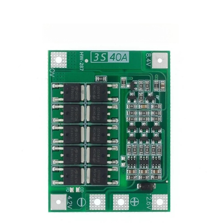 Placa de protectie BMS pentru baterii litiu-ion 18650, 3S, 40A, 11.1V-16.8V, dimensiune 41x55x3.4mm, versiune echilibrata