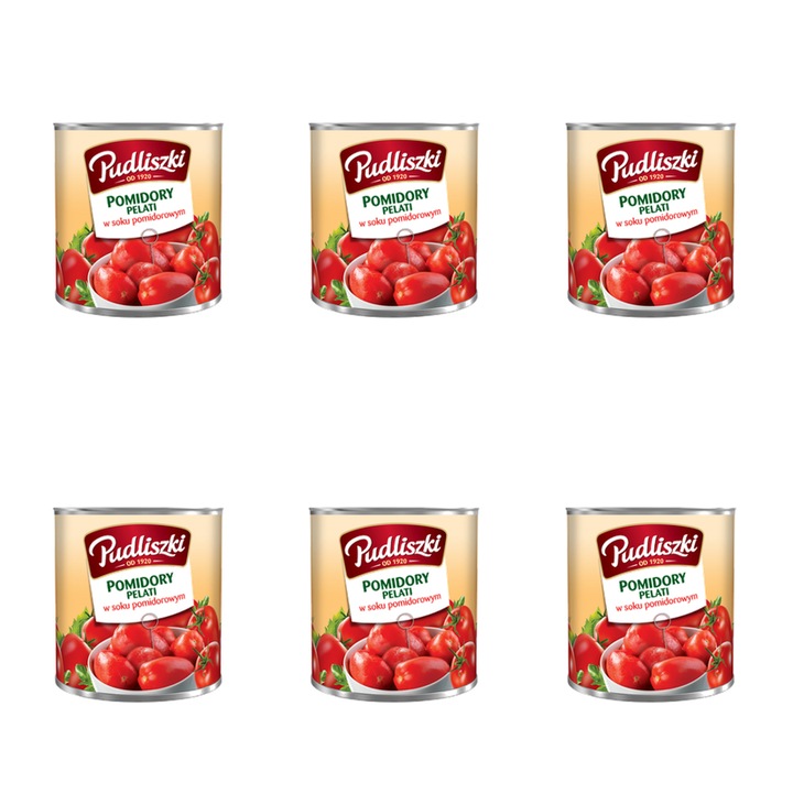 Roșii pelati în suc de roșii, Pudliszki, 6 conserve x 2, 55 kg, Italia, fără alergeni