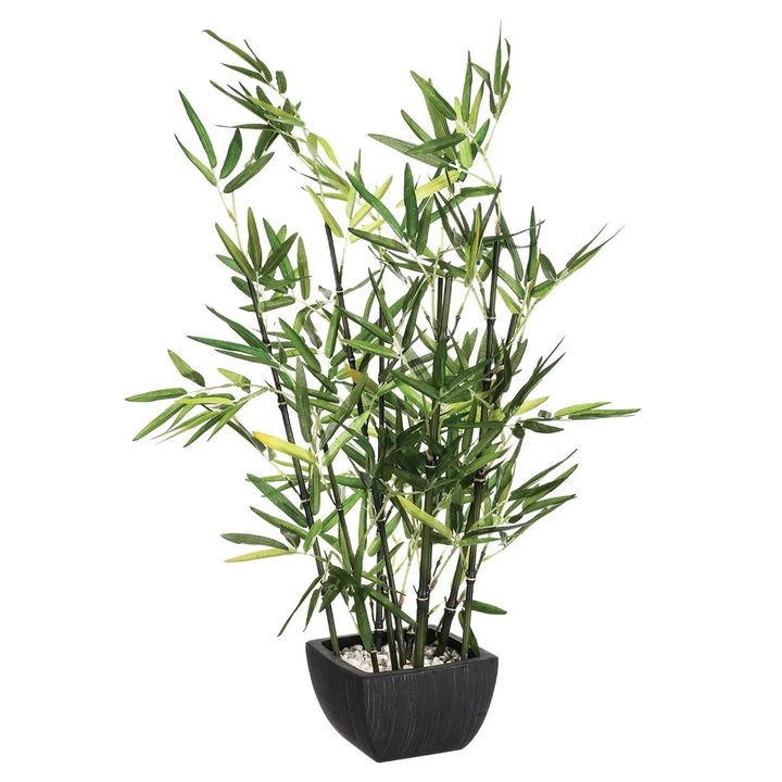 Planta artificiala bambus cu ghiveci teracota, frunze poliester, aspect natural, fara intretinere, 36x36x76 cm, verde