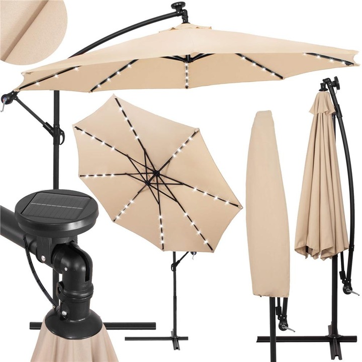 Градински чадър с странична дръжка тип банан с LED соларно осветление, 32 LED диода, UPF 50+ защита, включен калъф, D300 см, кремав