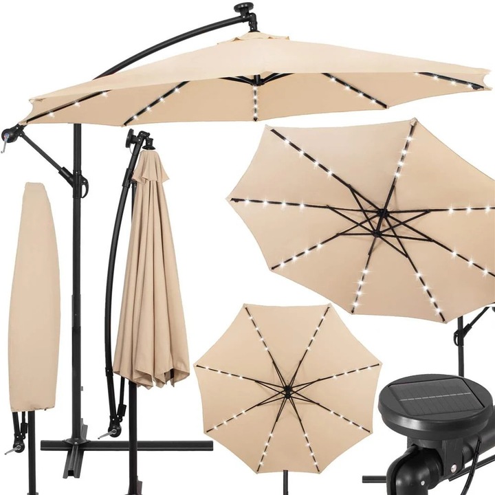 Градински чадър с странична дръжка тип банан с LED соларно осветление, 32 LED диода, UPF 50+ защита, включен калъф, D300 см, кремав