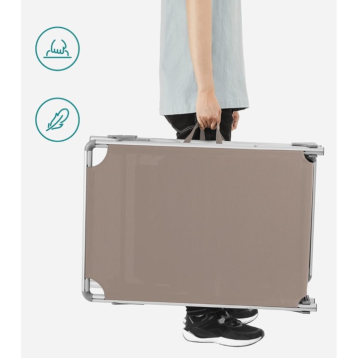 Sezlong pliabil cu parasolar, spatar reglabil 5 pozitii, cadru aluminiu, max 150 kg, 193x55x31 cm, taupe