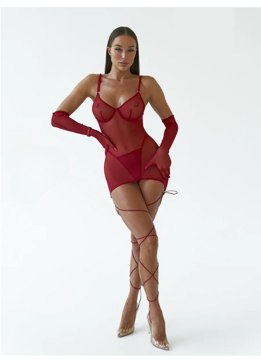 OBRO® Szexi Fehérnemű Szett 3 részes – Félig átlátszó hálós mini ruha, tanga és hosszú kesztyű, Piros