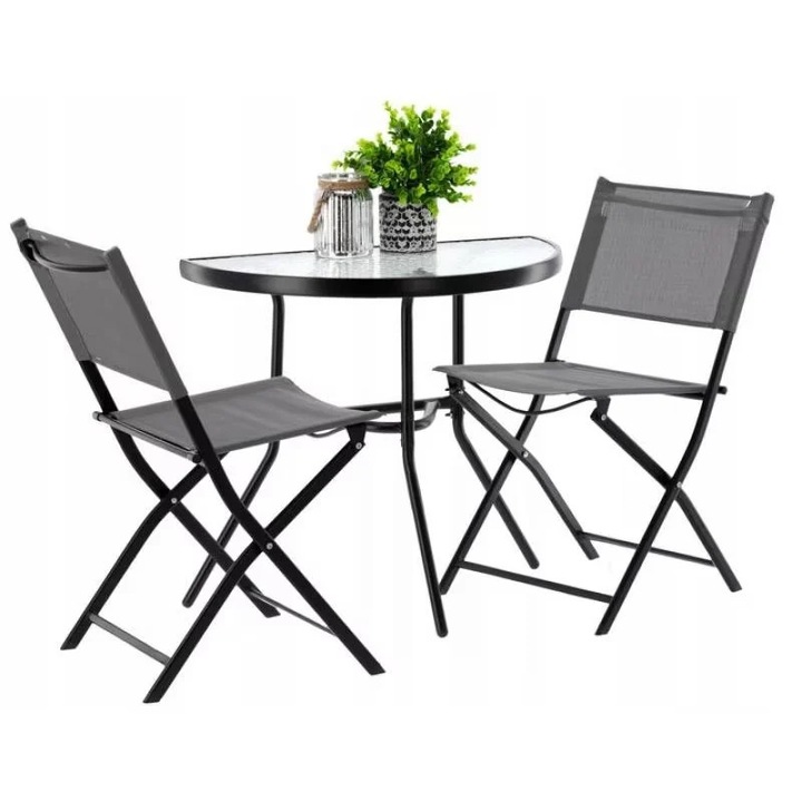 Set mobilier gradina masa semirotunda sticla calita mozaic cu 2 scaune pliabile textilen, gri
