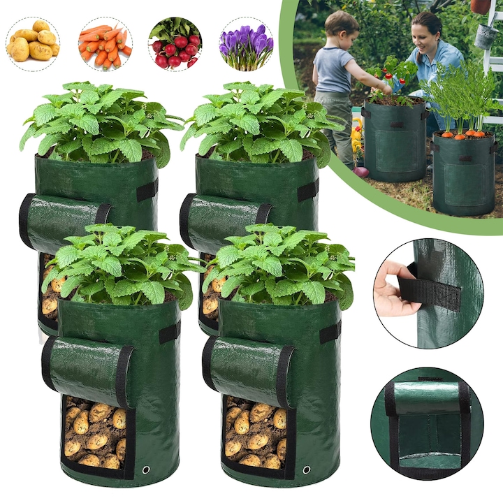 Set De 4 Saci De Crestere A Cartofilor, A Cate 7 Galoane, Saci Pentru Plante De Gradina Din PE Pentru Cartofi, Morcovi, Rosii, Castraveti Si Alte Legume, 35cmx30cm, Saci De Gradina Cu Clapa De Acces