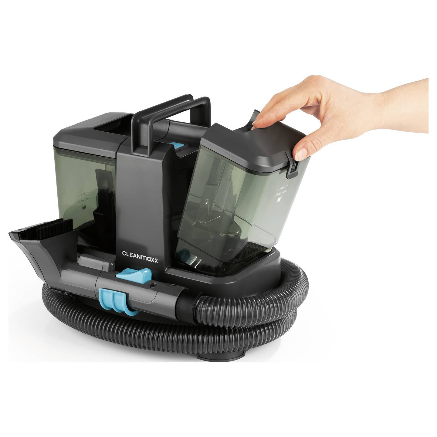 CLEANmaxx Aspirator Compact pentru Tapiterie si Covoare, Dispozitiv 3‑in‑1 pentru curatare umeda, cu sistem cu rezervor dublu si umplere usoara, Poate fi folosit si ca aparat de curatare cu abur, aspirator umed/uscat si indepartator de pete