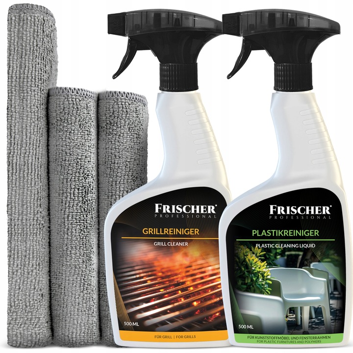 Kit de curățare Frischer, pentru plastic și grătar, 500 ml, set 3x microfibra 40x40 cm și 20x20 cm