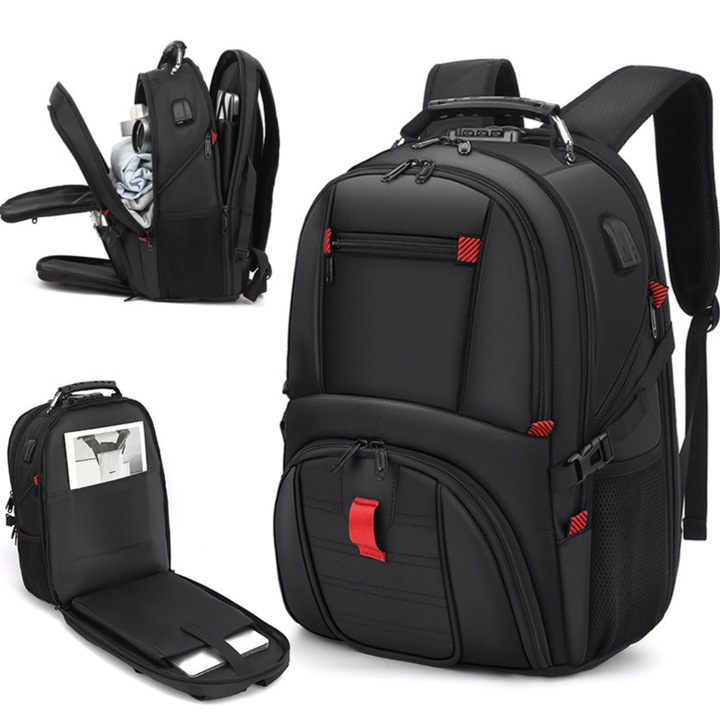 Rucsac Multifunctional, Impermeabil, Ghiozdan Voiaj, Aprobat pentru zbor, Burete anti-transpiratie, Lacat Anti-furt, Port pentru Incarcare USB, Multifunctional, Bretele reglabile, Compartiment Laptop 17 inch, Capacitate ridicata 50 L, Negru/Rosu