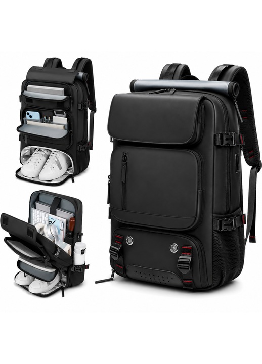 Rucsac Calatorie, Impermeabil, Ghiozdan Voiaj, Compartiment pentru Incaltaminte, Burete anti-transpiratie, Anti-furt, Port pentru Incarcare USB, Multifunctional, Bretele reglabile, Compartiment Laptop 16 inch, Capacitate ridicata 40 L, Negru