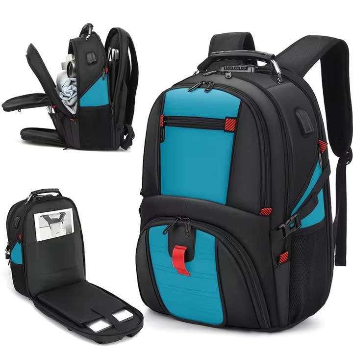 Rucsac Multifunctional, Impermeabil, Ghiozdan Voiaj, Aprobat pentru zbor, Burete anti-transpiratie, Lacat Anti-furt, Port pentru Incarcare USB, Multifunctional, Bretele reglabile, Compartiment Laptop 17 inch, Capacitate ridicata 50 L, Negru/Albastru