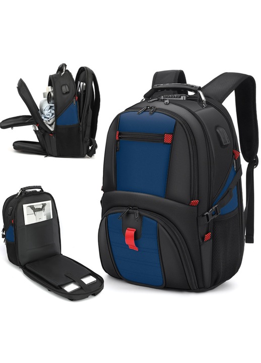 Rucsac Multifunctional, Impermeabil, Ghiozdan Voiaj, Aprobat pentru zbor, Burete anti-transpiratie, Lacat Anti-furt, Port pentru Incarcare USB, Multifunctional, Bretele reglabile, Compartiment Laptop 17 inch, Capacitate ridicata 50 L, Negru/Albastru