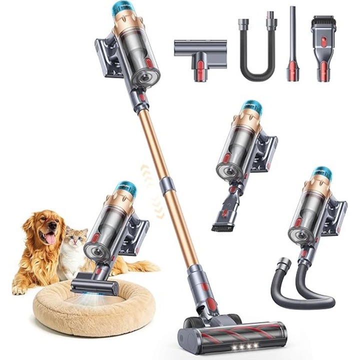 Aspirator fara fir SMOTURE – 50.000 Pa / 600 W / 65 minute, cu perie electrica mini, furtun de 1 m, functie aroma, ecran tactil, perie anti-incalcire, cu suport vertical, ideal pentru par de animale si covoare