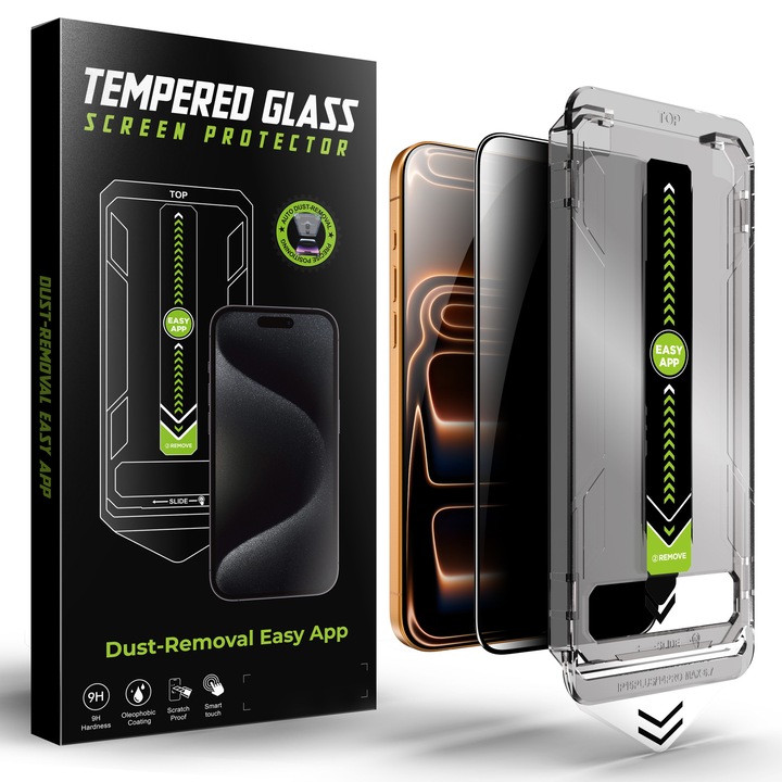 Folie sticla pentru Iphone 17 Pro Max, Privacy, Sticla securizata B Series, Anti-amprenta, Anti-Static Flexibila, Margini Negre Aluminiu, Strat Oleofob 6.1", instalare usoara, rapida cu dispozitiv de potrivire automata, Easy Install Kit, RikBo®