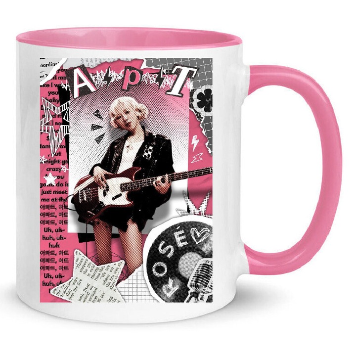 Cana ceramica 330ml Rose singer no3, alb cu interior si maner roz, design modern, rezistenta la masina de spalat