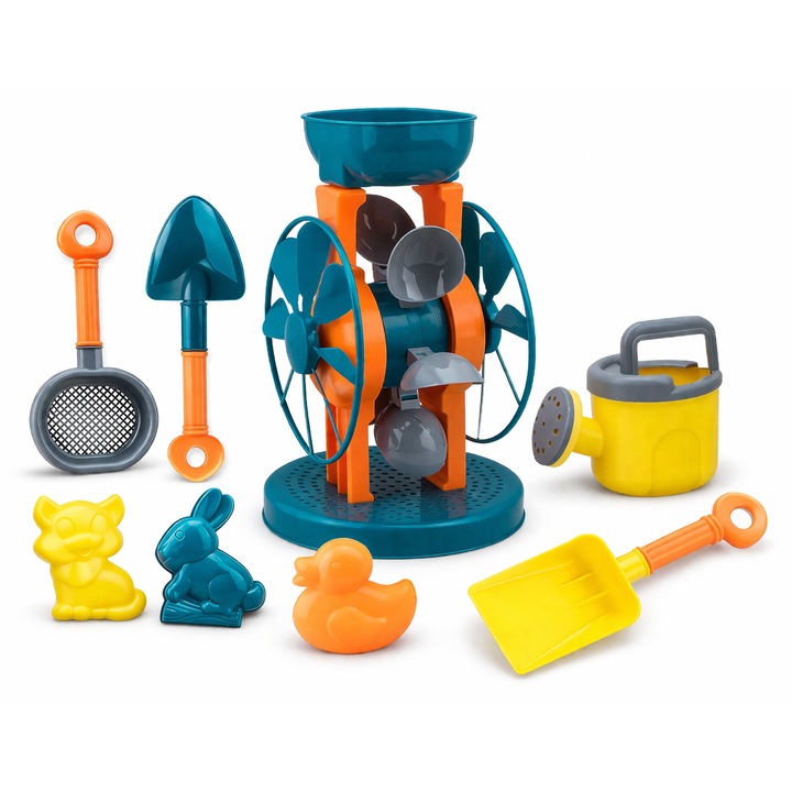 Set Jucarii de Nisip si Apa cu Morisca Interactiva – 8 Piese pentru Distractie la Plaja, 3+ ani, PinkBlue