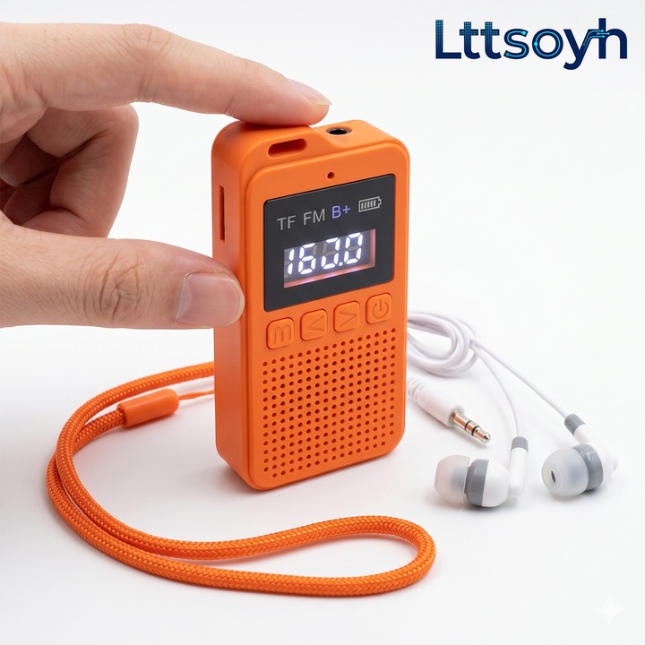 Lttsoyh® Radio portabil, FM, compatibil Bluetooth, card TF de mare capacitate de 64 GB, afisaj LED, mufa pentru casti de 3,5 mm, baterie de 600 mAh, cu cablu de date si curea de transport, potrivit pentru calatorii si utilizare in aer liber, portocaliu