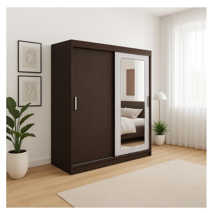 Dulap CELA Ines cu oglindă, 150x55x191cm, wenge, cu rafturi, uși glisante