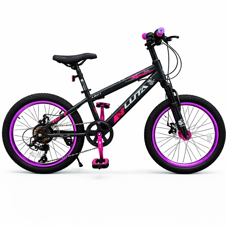 Bicicleta copii 20 inch LUTA MTB, frane pe disc, cadru otel, design neon verde-mov, roti rezistente – pentru copii 6-10 ani