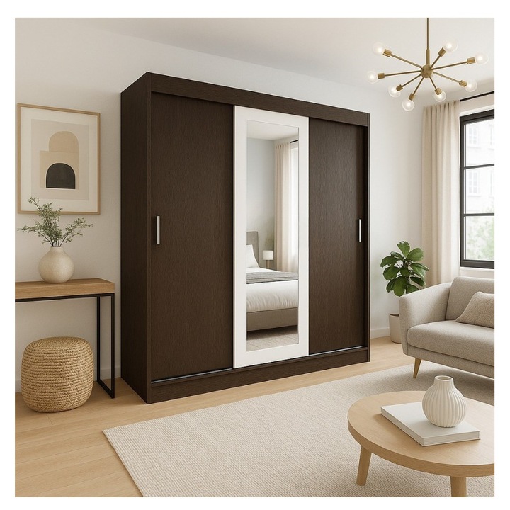 Dulap CELA Bianca Wenge cu oglindă, 150x55x191cm, cu rafturi, uși glisante