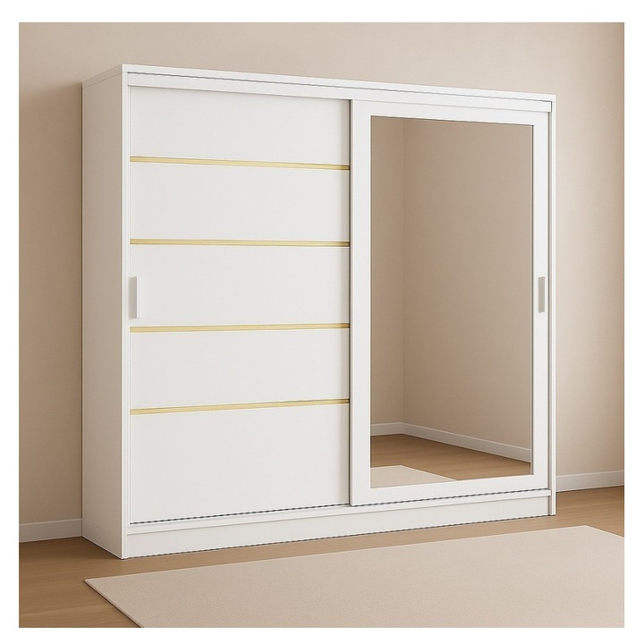 Dulap CELA Otto, alb, 200x61x210cm, cu oglindă, uși glisante, cu rafturi