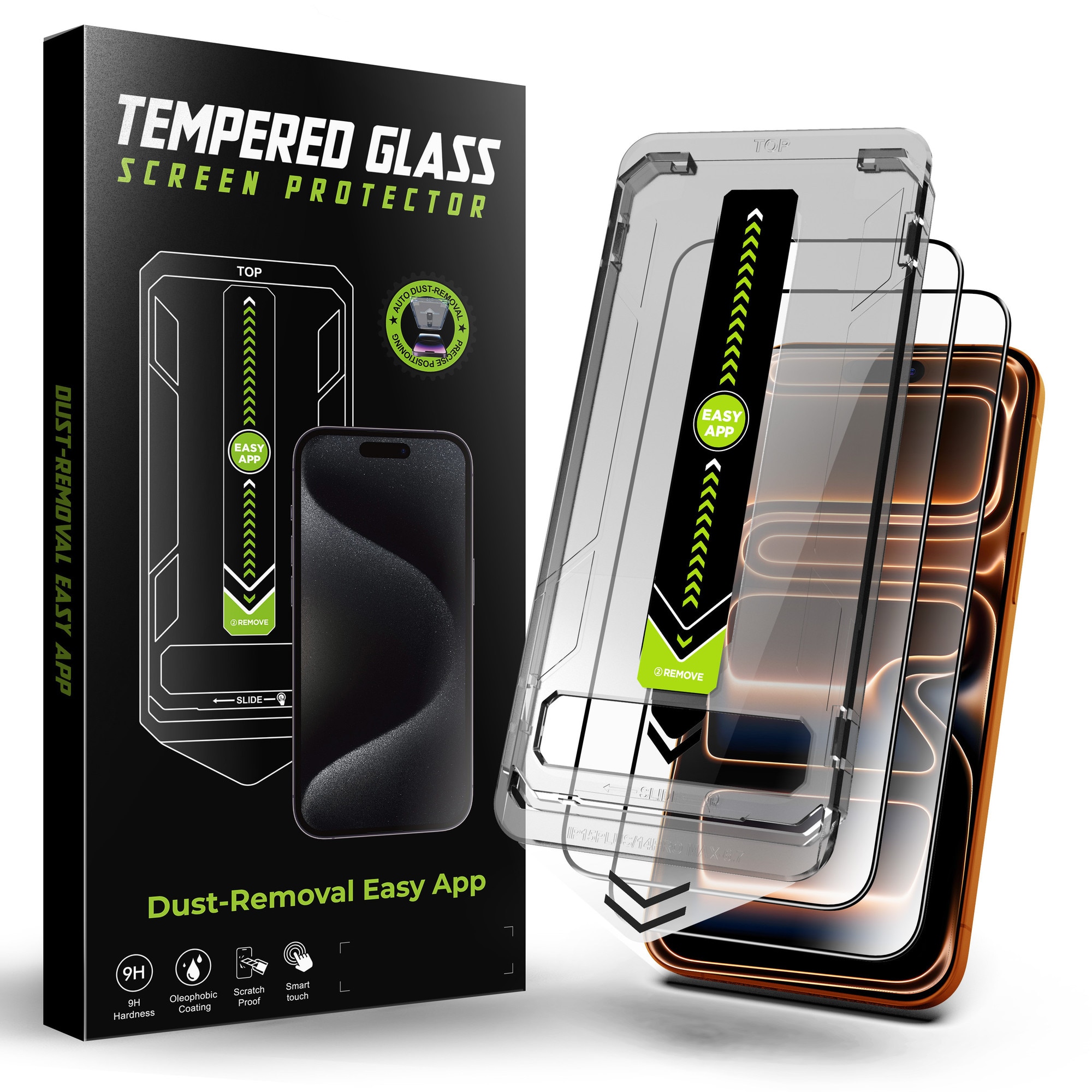 Set 2 folii pentru Iphone 17 Pro Max, Transparenta, Sticla securizata 0.33mm, Anti-Spy, Anti-amprenta cu margini negre 6.9", instalare usoara si rapida cu dispozitiv de potrivire automata in 30 sec cu Easy Install Kit, protectie telefon, RikBo®