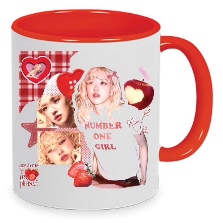 Cana ceramica 330ml Rose singer no7, interior si maner rosu, rezistenta la masina de spalat, finisaj lucios