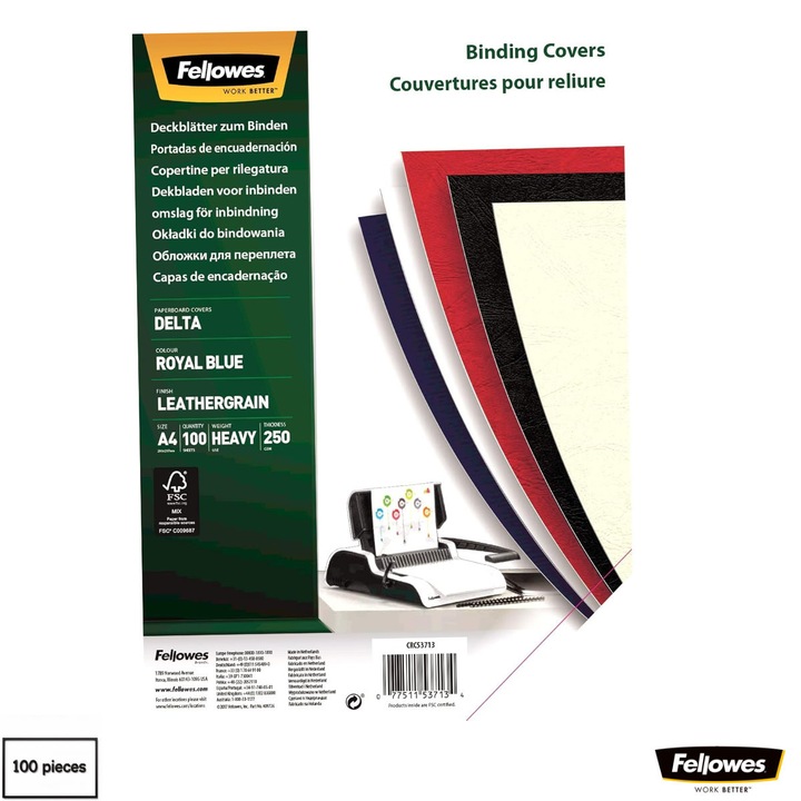 Set 100 coperti carton A4 albastru inchis, Fellowes, plastifiate cu polipropilena, 250 g/mp, pentru legare termica sau inele