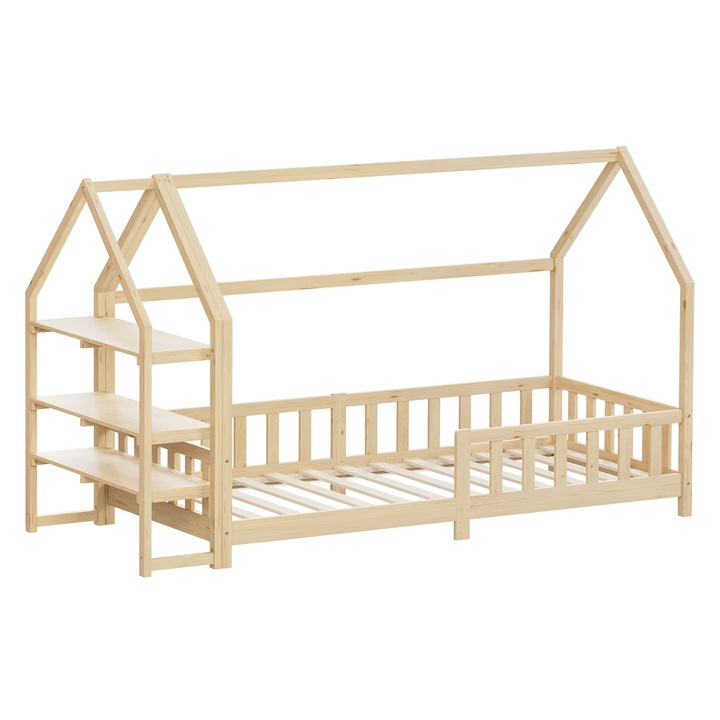 Pat casuta pentru copii ML-Design 90x200cm, cadru robust din lemn masiv de pin, culoare natural beige, rafturi, protectie anti-cadere, acoperis si somiera cu lamele, mobilier montessori pentru baieti si fete