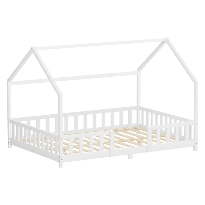 ML-Design gyermekágy 140x200cm, robusztus tömör fenyőfa keret, fehér színű, leesésgátló, tető és léces ágyrács, montessori bútor fiúknak és lányoknak