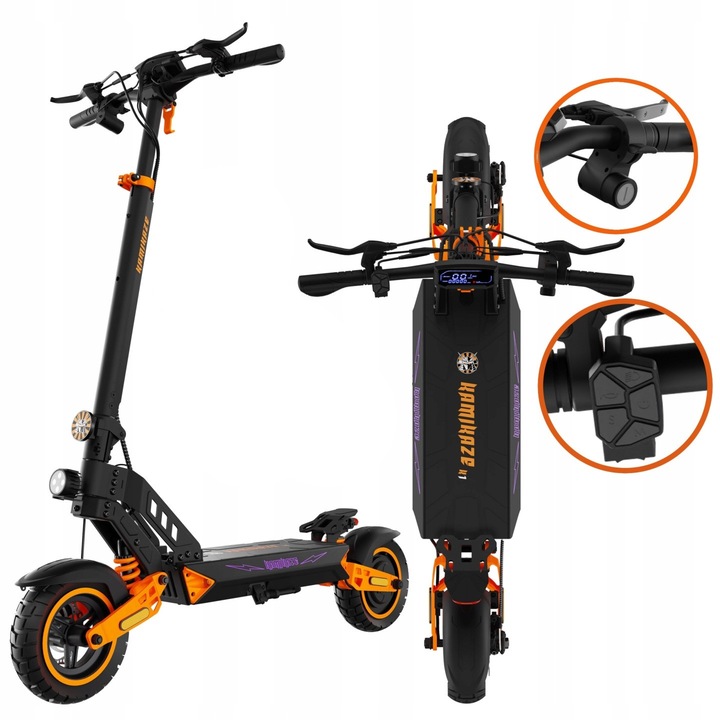 Trotineta electrica Kamikaze K1 motor 1000W baterie 48V 15Ah autonomie 60 km viteza maxima 20 km/h frane disc duble suspensie roti 10 inch anvelope tubeless rezistenta la apa IPX5 cu cheie pornire