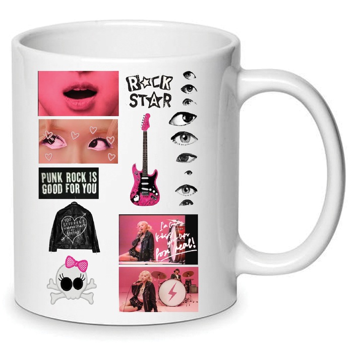 Cana ceramica 330ml Rose singer no6, design rezistent la decolorare, alba, pentru acasa si birou