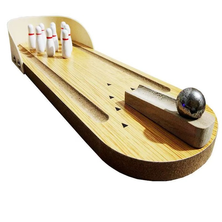 QingLan mini bowling játék, barna fa, 29.5x10x4.4cm, 10 bábu, fém golyó