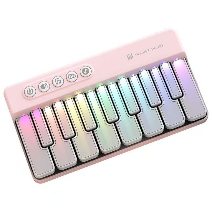 Hordozható zongora gyerekeknek, 15 billentyű, 13 LED szín, 15.2x3.2x8.9cm, rózsaszín, oktató hangszer