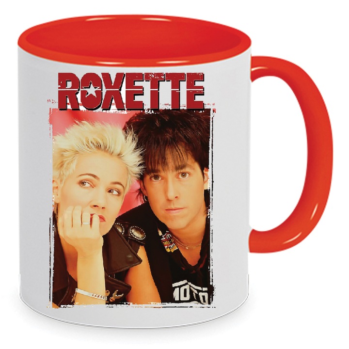 Cana ceramica Roxette no1, 330ml, alb cu interior si manere rosii, rezistenta la masina de spalat, finisaj lucios