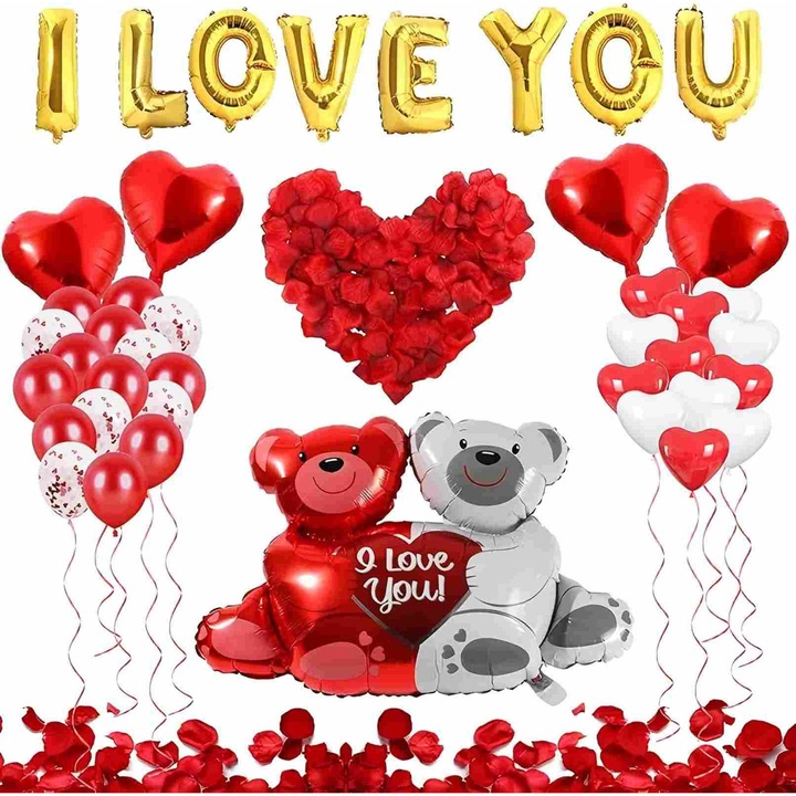 Set Decor Romantic San Valentin si Nunta, 35 Baloane Inima Rosii, 1000 Petale Trandafiri, Confetti