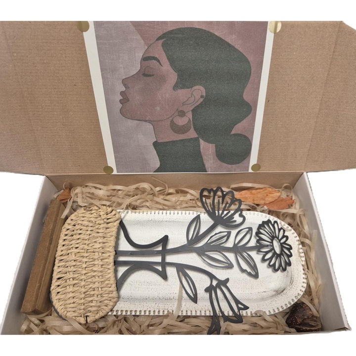 Set decorativ, tavita ovala alb/crem, silueta florala din metal negru, medie