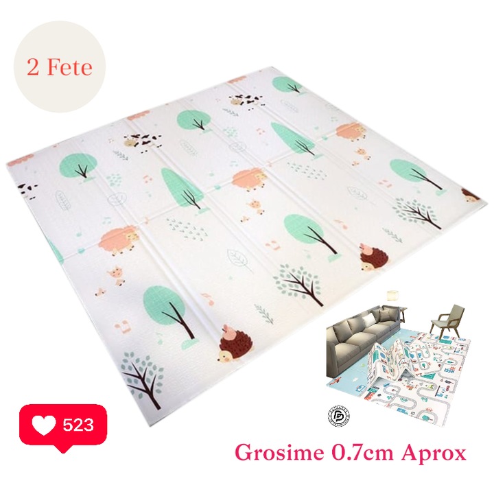 Covor de joaca pentru bebelusi si copii, XXL Pliabil, Doua fete cu design educativ, Spuma XPE densa si termoizolanta, Grosime 0.7 cm, Impermeabil si Antiderapant, Fara BPA, 150 x 180 cm