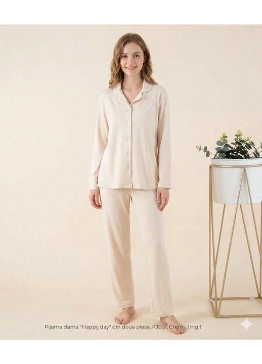Pijama dama "Happy day" din doua piese, PJ001, Crem (Marime: XL)