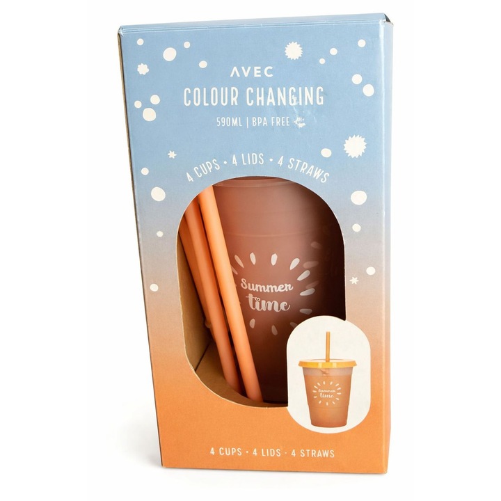 Set 4 Pahare Reutilizabile cu Pai, AVEC, schimba culoarea, 590 ml, BPA Free