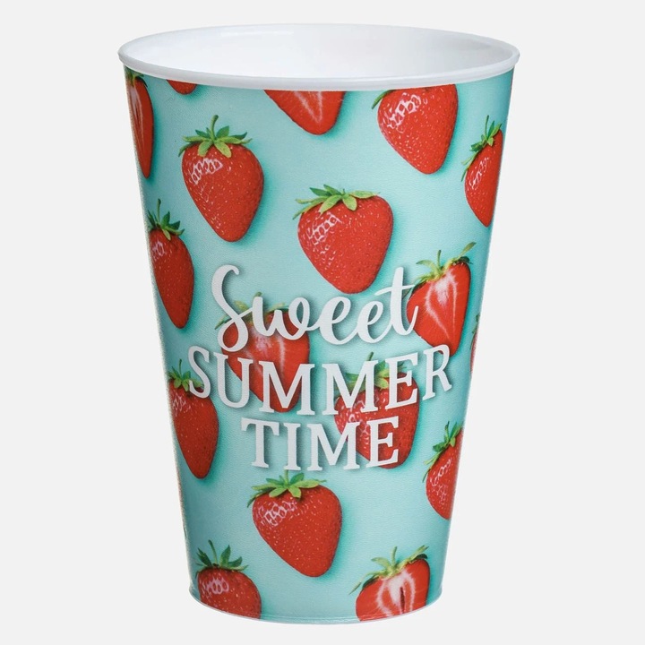 Műanyag pohár 400ml eper mintával, nyári, talp nélküli