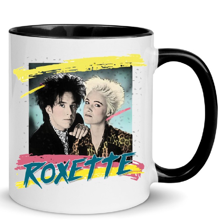 Cana ceramica Roxette no3, 330ml, alb-negru, design modern, rezistent la spalare in masina