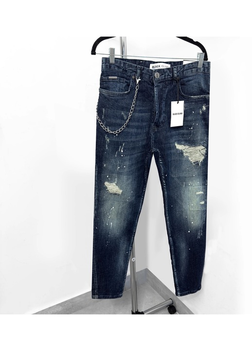 Blugi bărbătești Black Island Regular Fit Albastru, design distressed, cu detaliu lanț, mărime 46