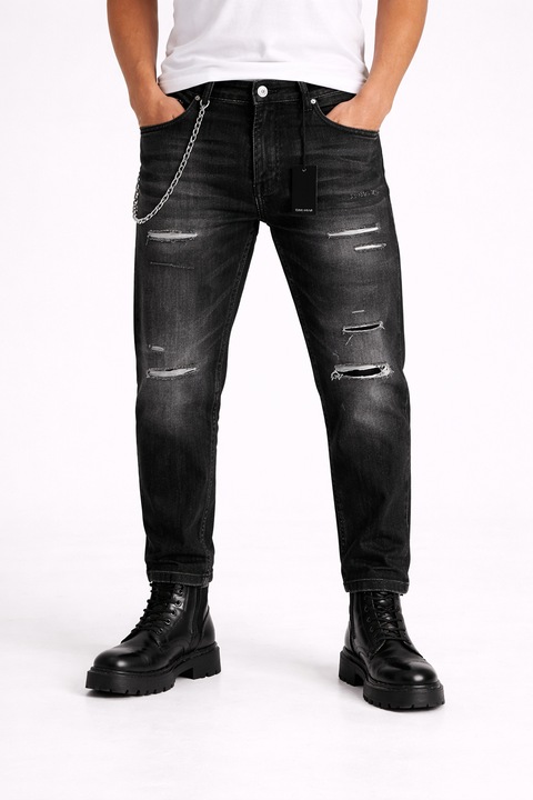 Blugi Barbati Regular Fit Negri Distressed cu Lant – Jeans Streetwear Modern, Negru