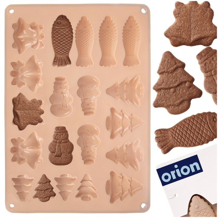 Forma Pentru Biscuiti Si Praline De Craciun, Orion, 34x24.5x1 cm, Silicon, Bej, Matrita Cu 20 Cavitati Asortate Brad Om De Zapada Clopotel Si Peste, Perfecta Pentru Turta Dulce Ciocolata Si Deserturi Festive De Sarbatori, Antiaderenta